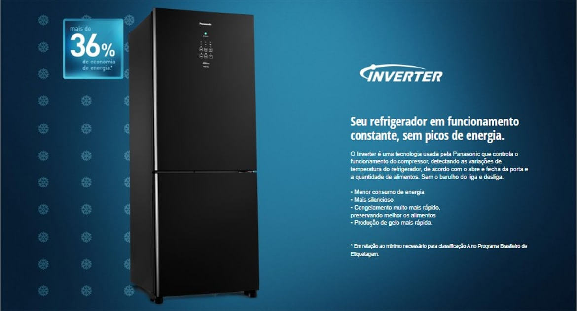 Refrigerador Panasonic BB53 Inverter Bottom Freezer 425L 2 Portas Preto Frost Free NR-BB53GV3B