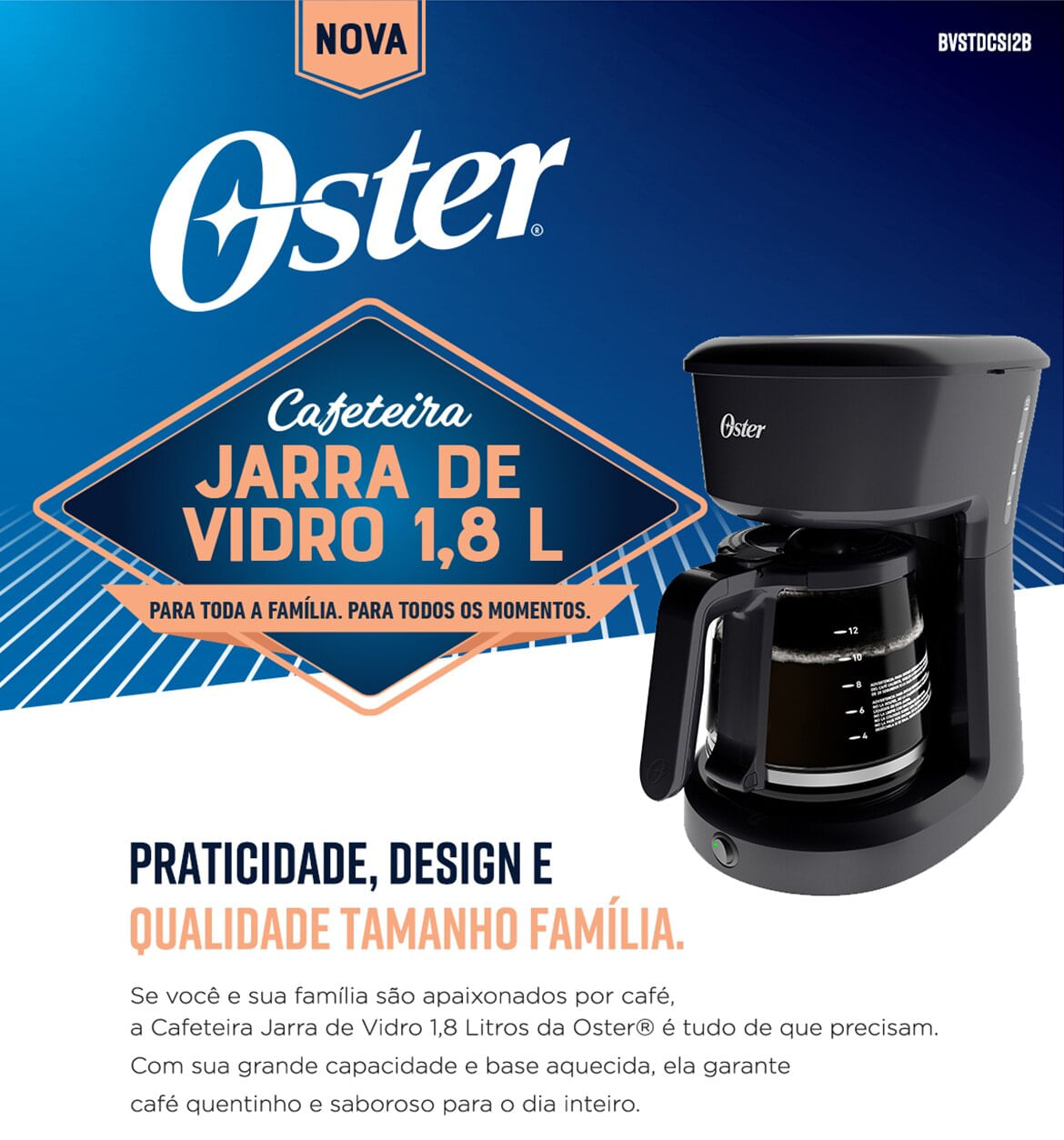 Cafeteira Oster Jarra de Vidro 1,8 Litros 900W Preto BVSTDCS12B